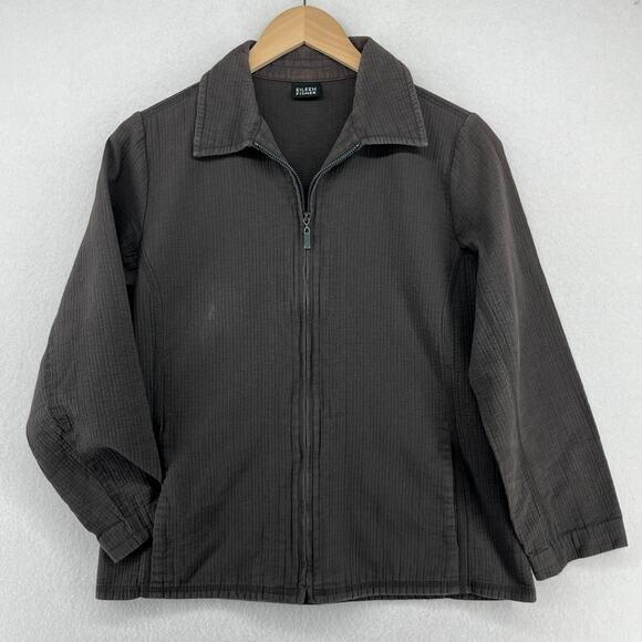 EILEEN FISHER Jacket S Cotton Crinkle Textured Jersey Full Zip Brown - Picture 1 of 14